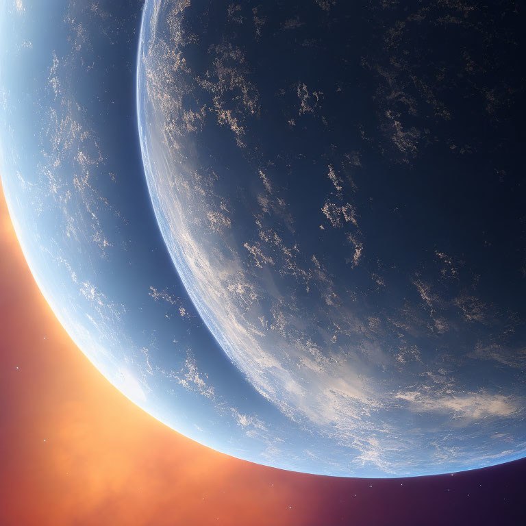 Planet's Curved Horizon Against Vast Space: Orange to Blue Atmosphere