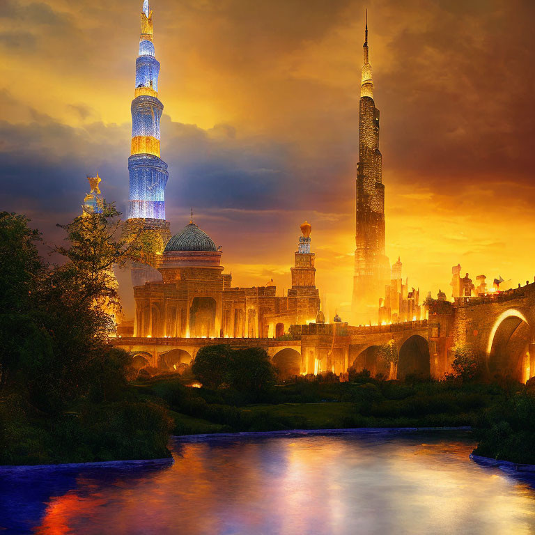 Fantastical sunset cityscape with towering spires and ancient bridge