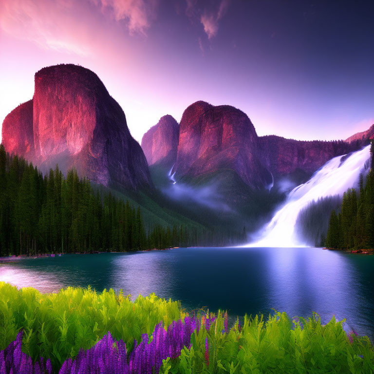 Tranquil lake with towering cliffs, waterfall, and purple wildflowers under sunset sky