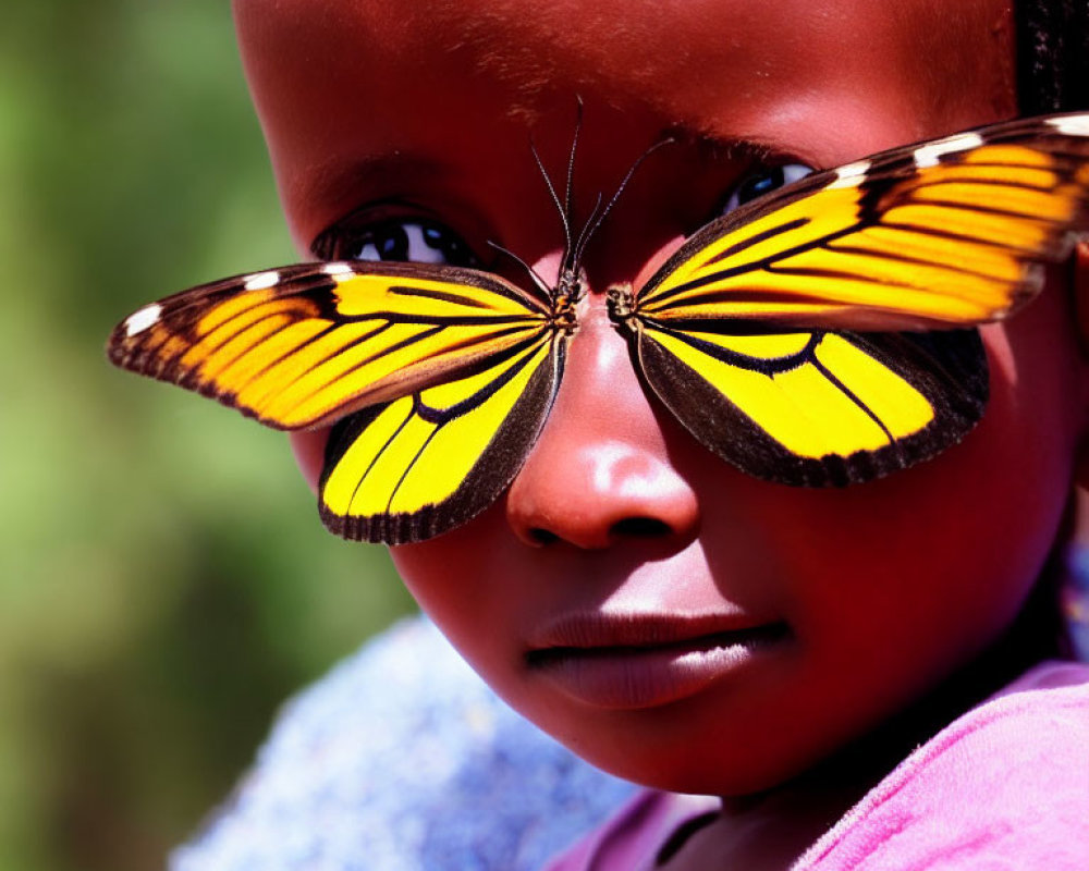 Child with butterfly on nose, vibrant yellow wings, green background