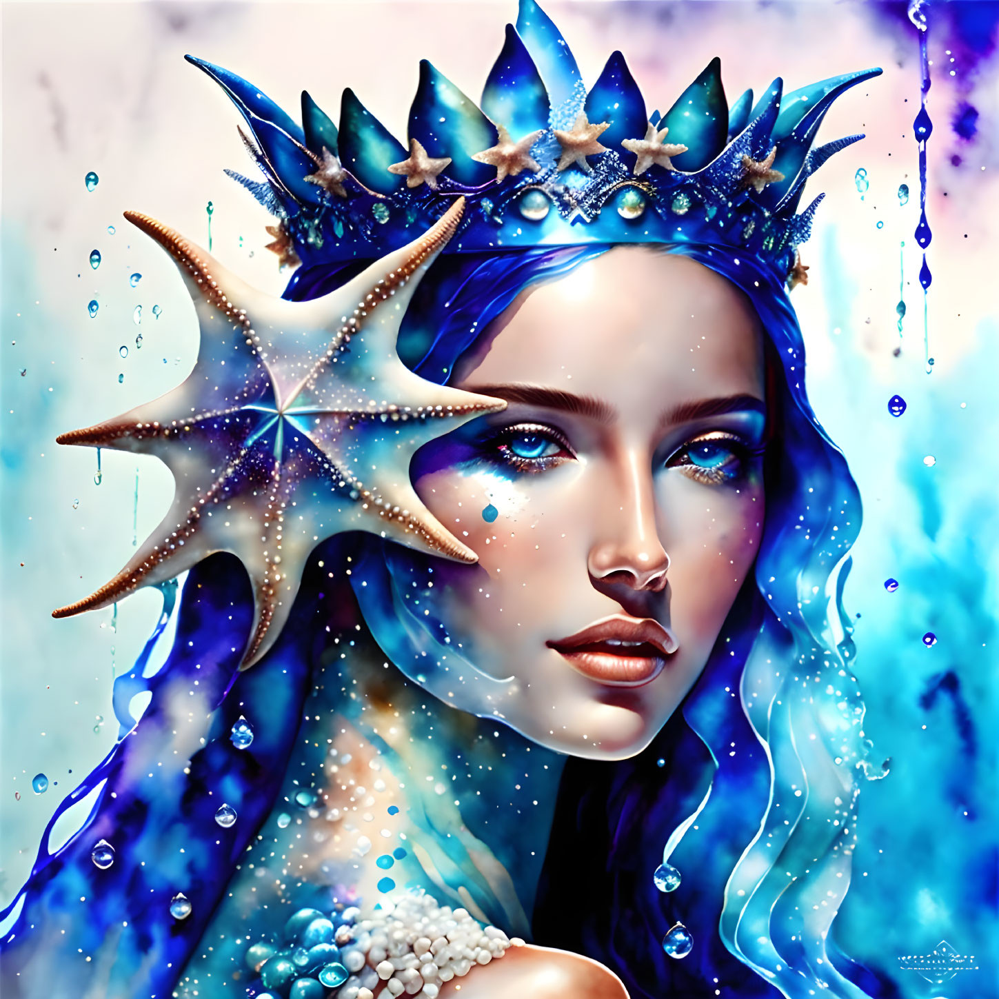 Blue-skinned woman with ocean-themed crown in digital artwork.