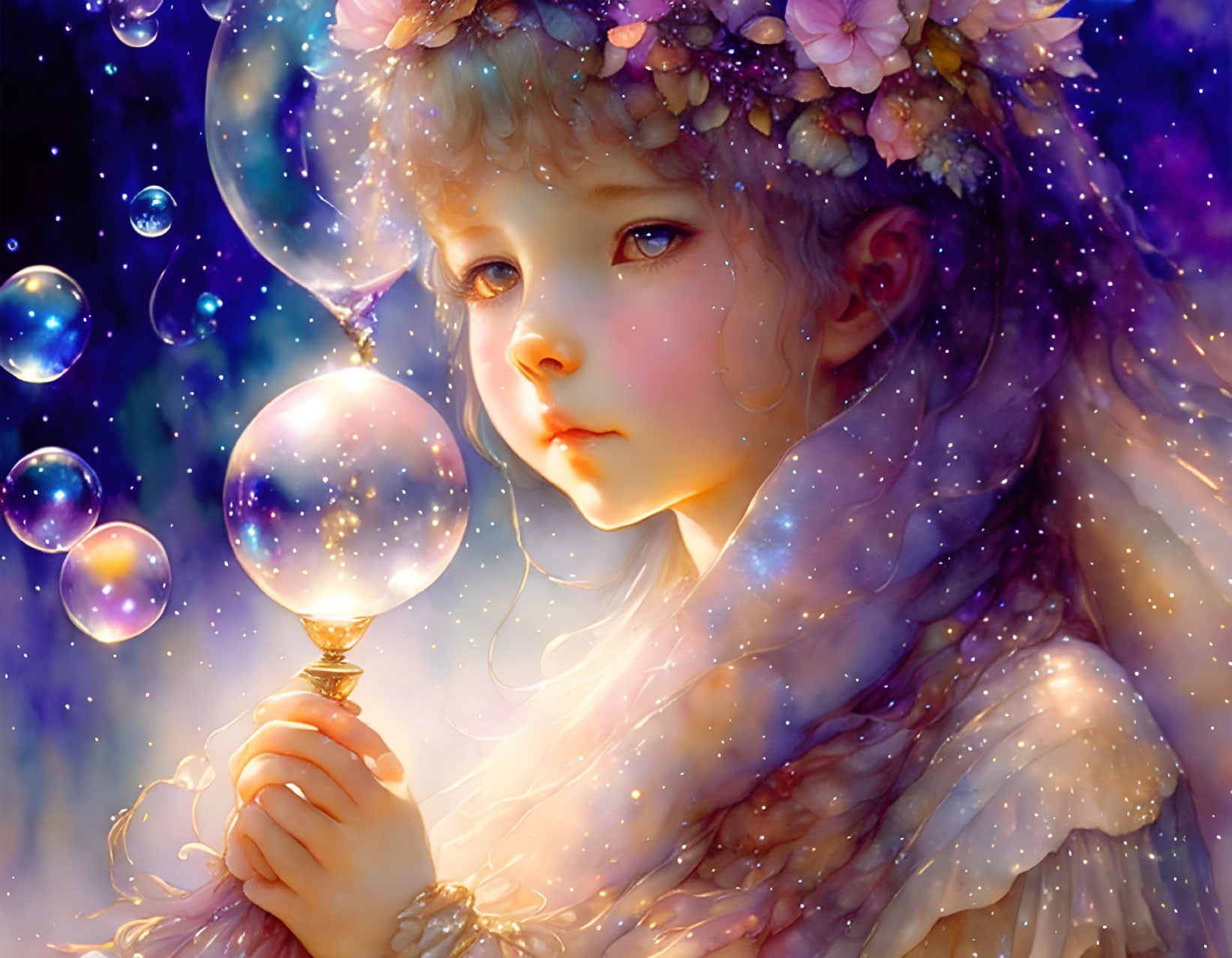 Digital illustration of girl with flowers, holding glowing orb amidst floating bubbles on twinkling background