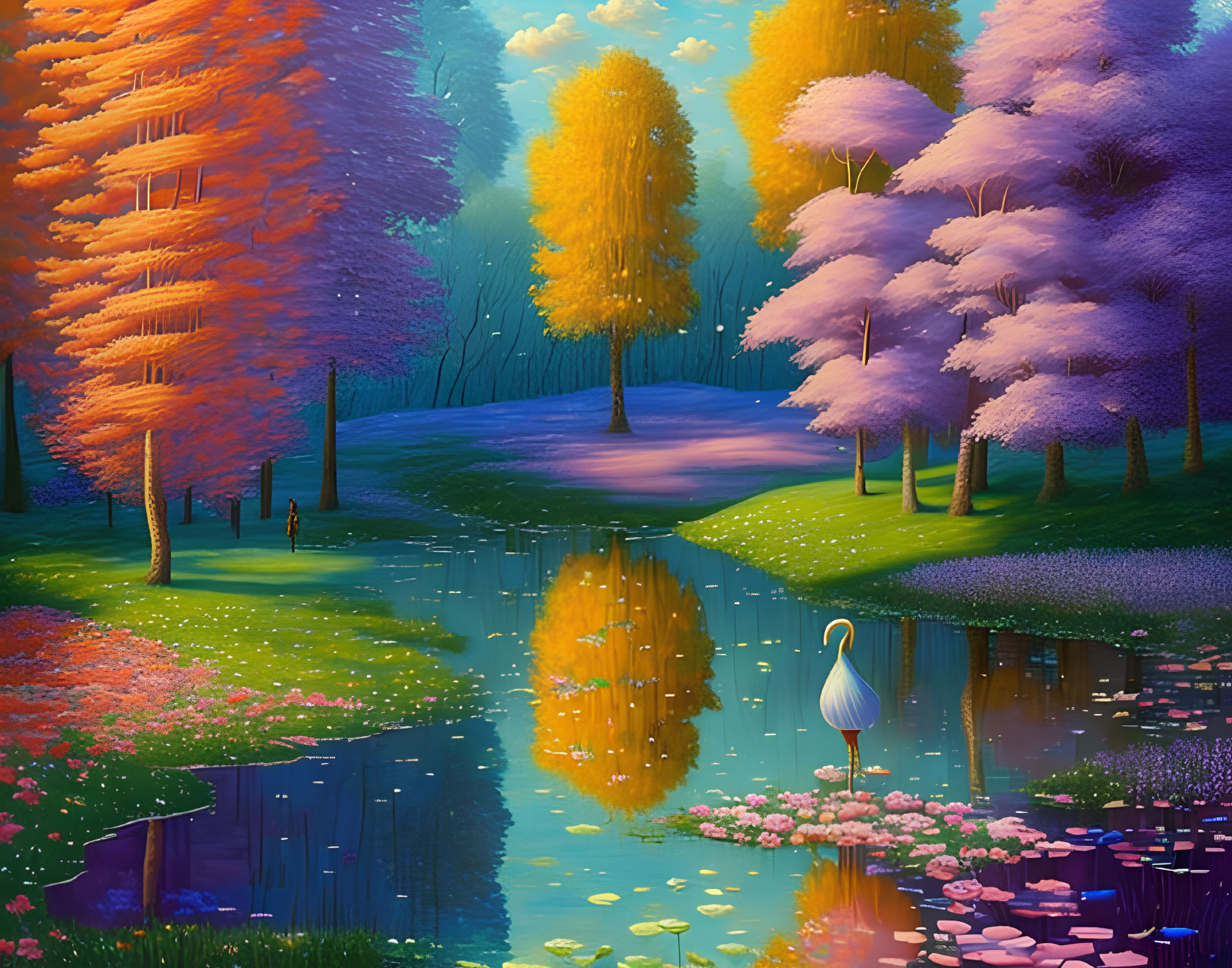 Colorful Trees and White Egret in Tranquil Pond Landscape