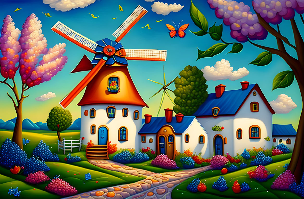 Colorful countryside scene with windmill, cottage, and butterflies