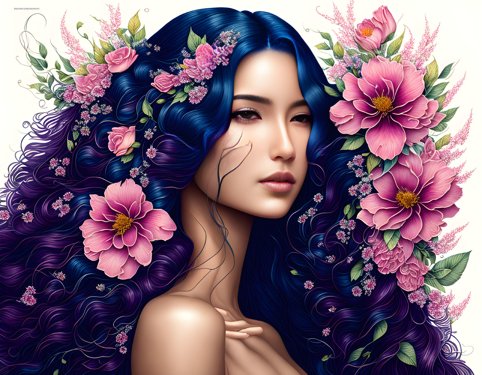 Illustration of woman with flowing blue hair and vibrant pink flowers.