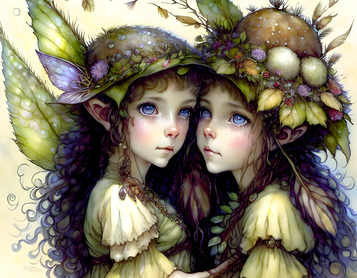 Twin fairies illustration with large blue eyes and leafy hats in forest outfits