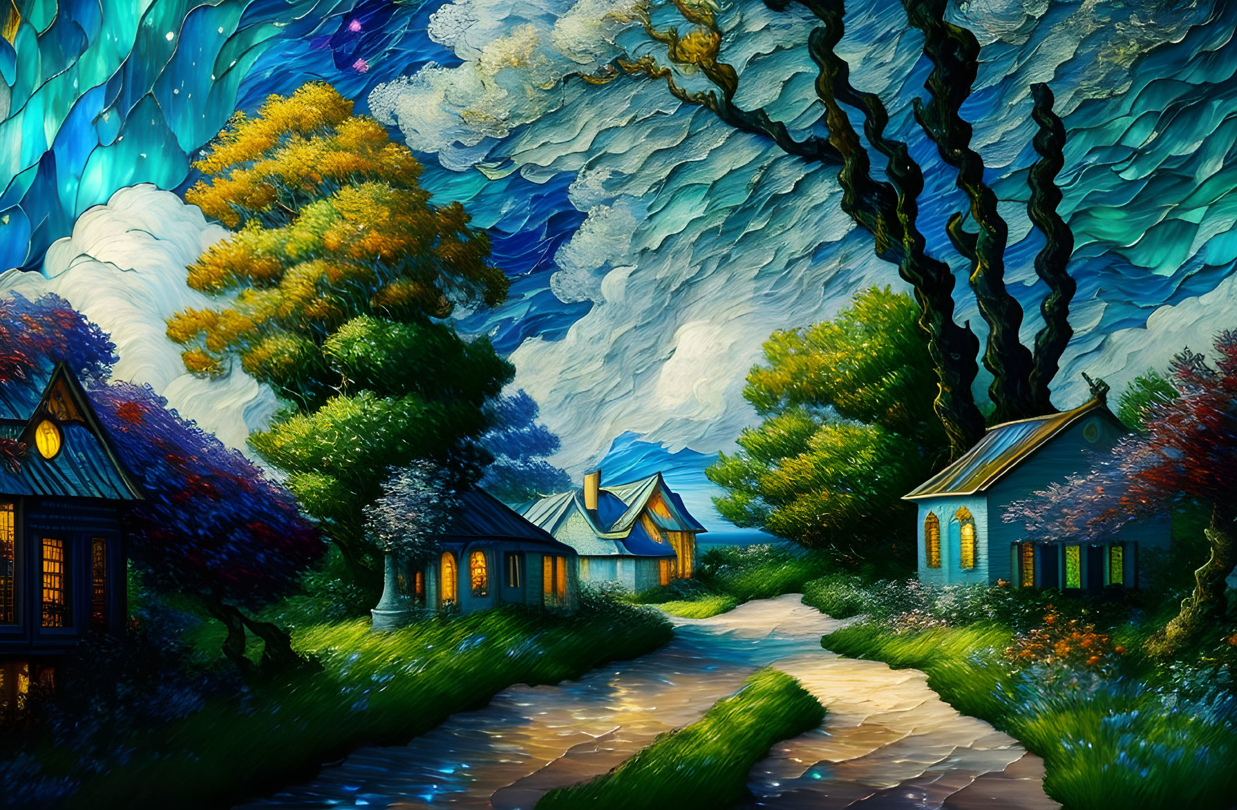 Colorful painting of whimsical village with glowing cottages, winding path, and stylized sky.