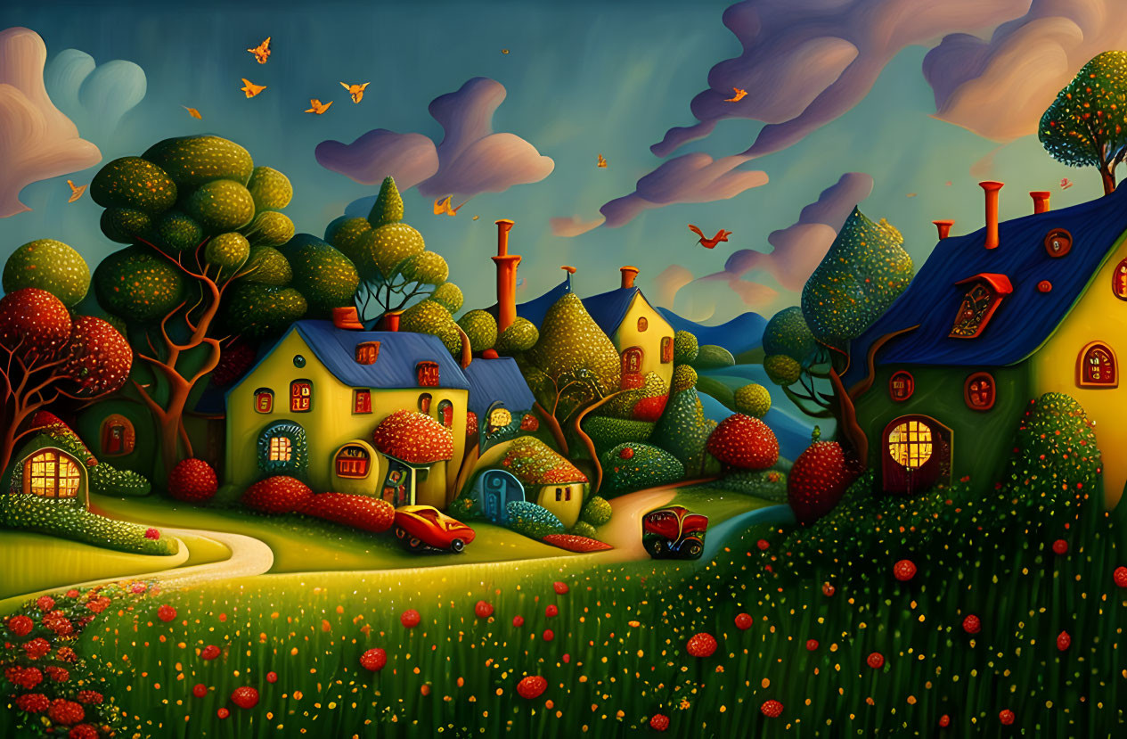 Colorful Stylized Landscape with Houses, Trees, Path, Birds, and Dynamic Dusk Sky