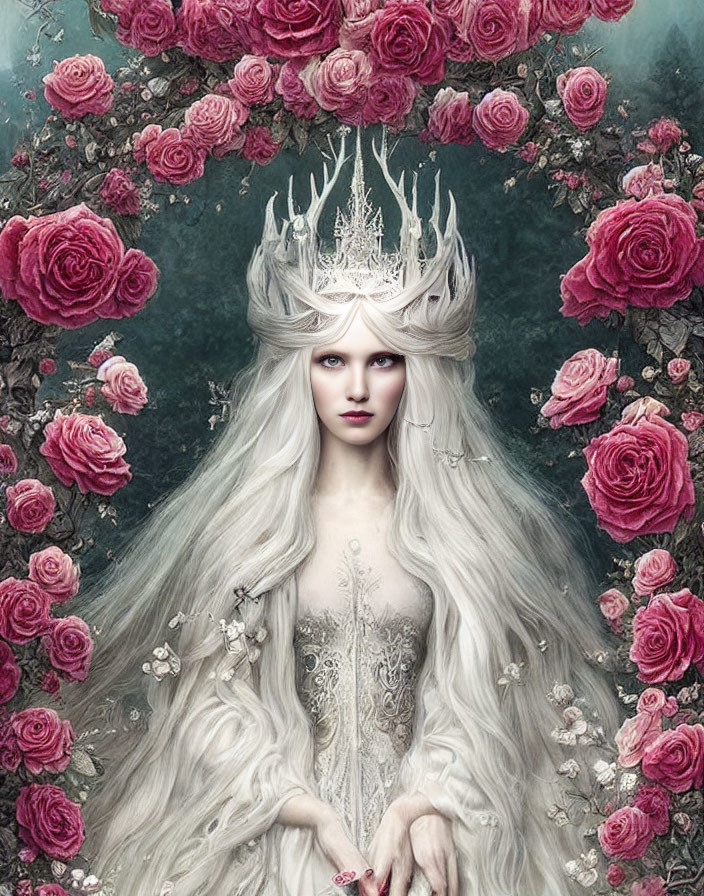 Fantasy portrait of woman with white hair, crown, pink roses, misty blue backdrop