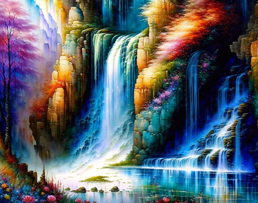 Vibrant painting of cascading waterfalls in lush surroundings