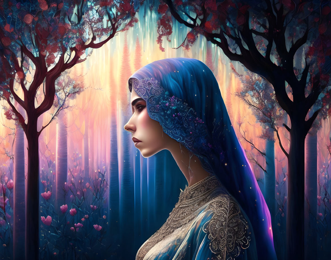 Woman with Blue Headscarf in Mystical Forest with Fluorescent Trees