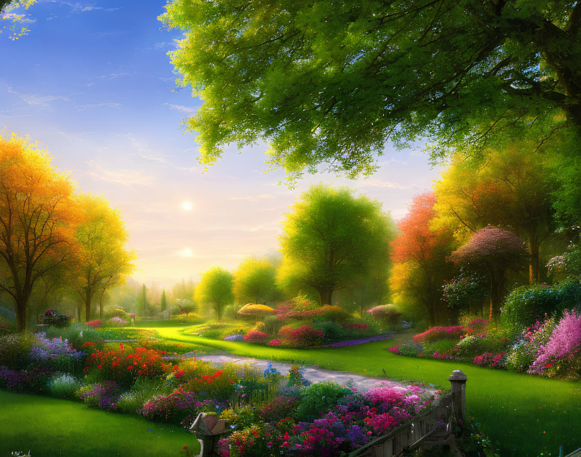 Vibrant sunrise garden with colorful flowers, trees, serene path