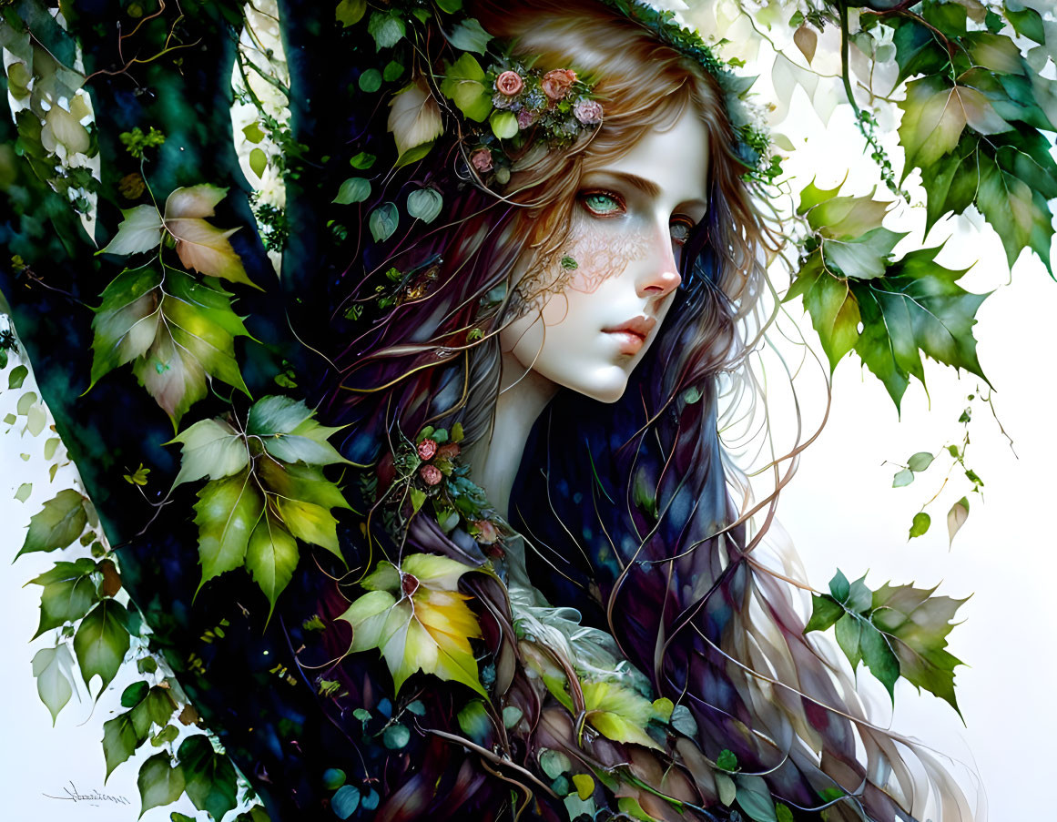 Digital artwork: Woman with long hair and leaves blending into green foliage