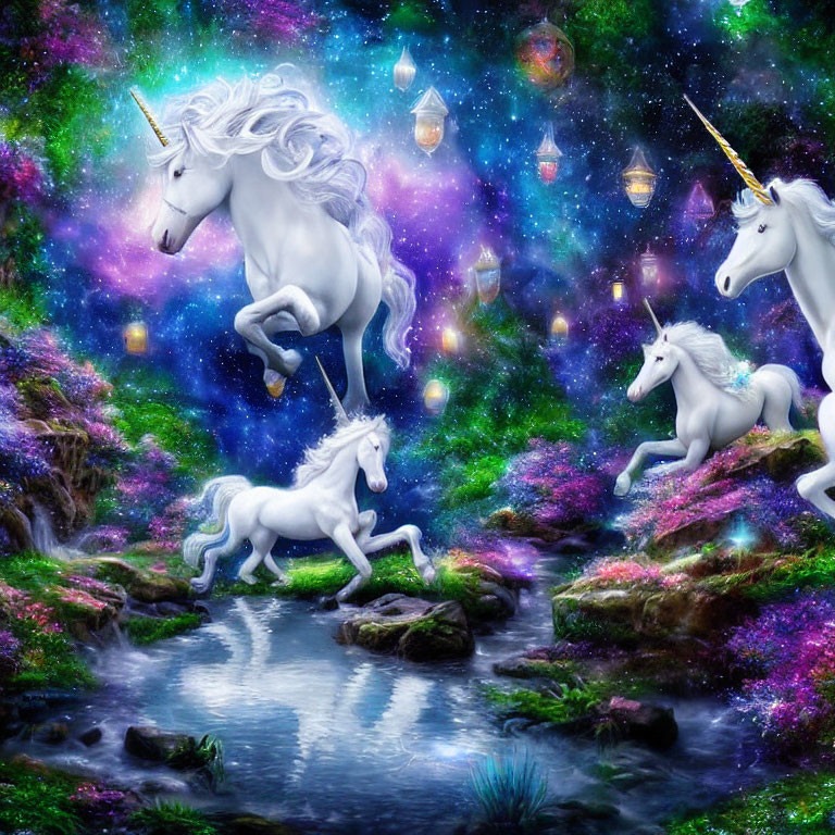 Three white unicorns in mystical forest with sparkling lights, stream, starry sky, lush greenery