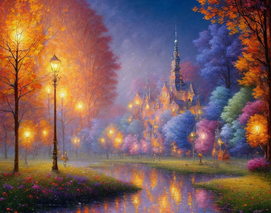 Enchanted park scene: glowing lamps, autumn trees, river, fairytale castle