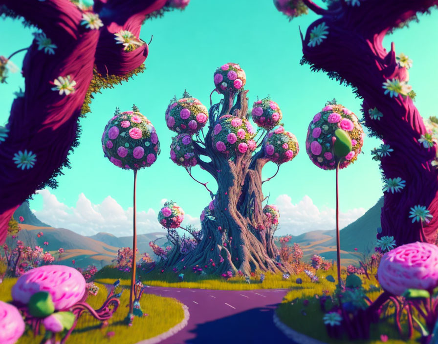 Colorful Flower-Covered Tree in Whimsical Landscape