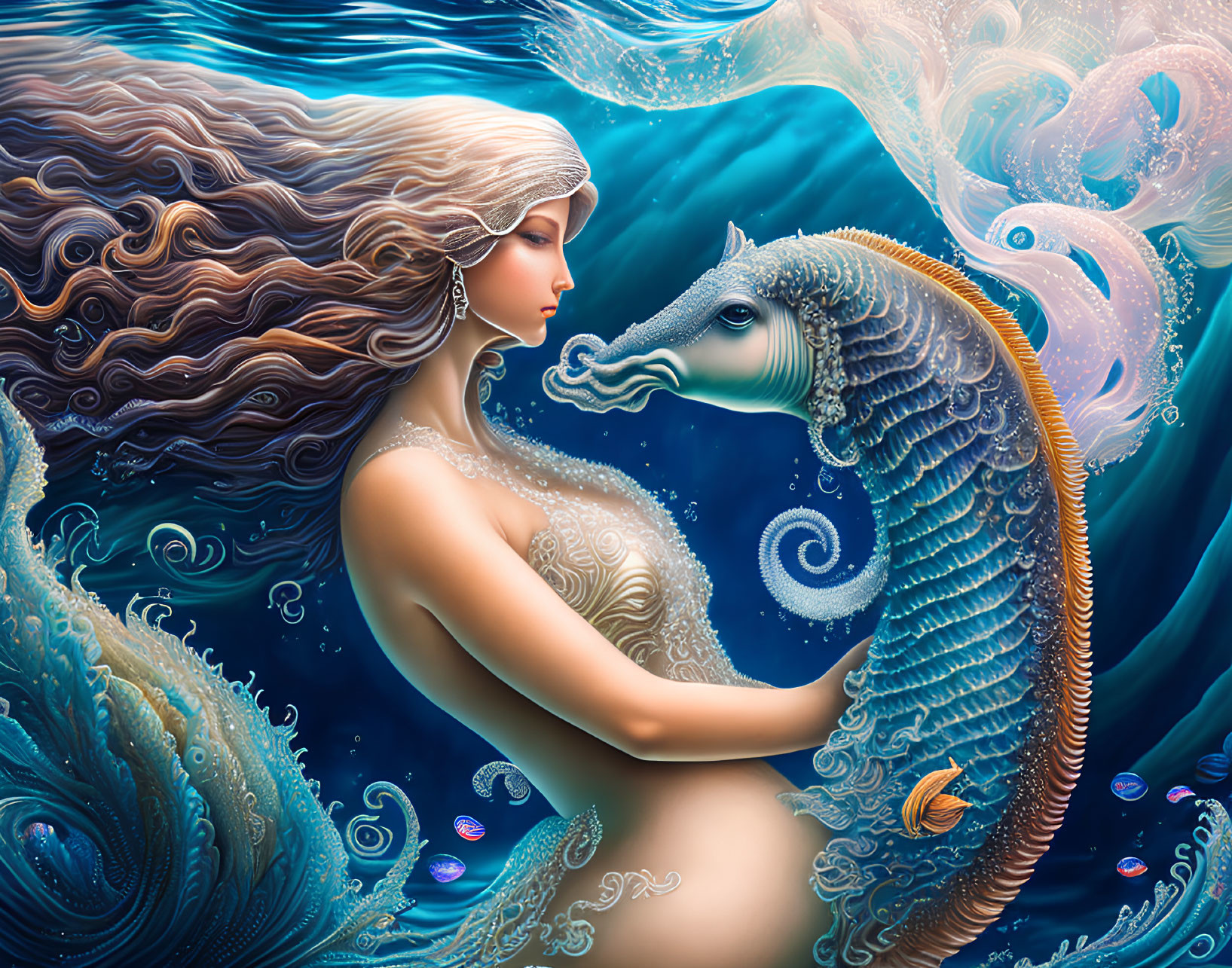 Mermaid embracing sea horse in vibrant underwater scene