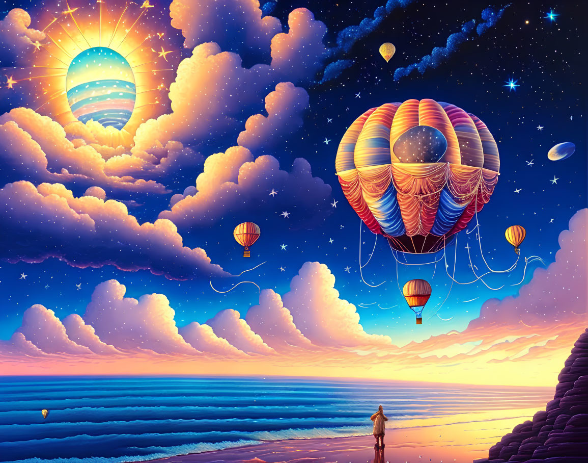 Surreal landscape with hot air balloons over serene sea