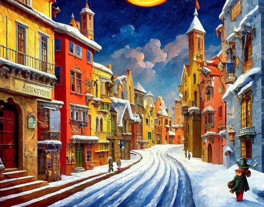 Snowy cobblestone street in colorful town with old-style buildings at night.