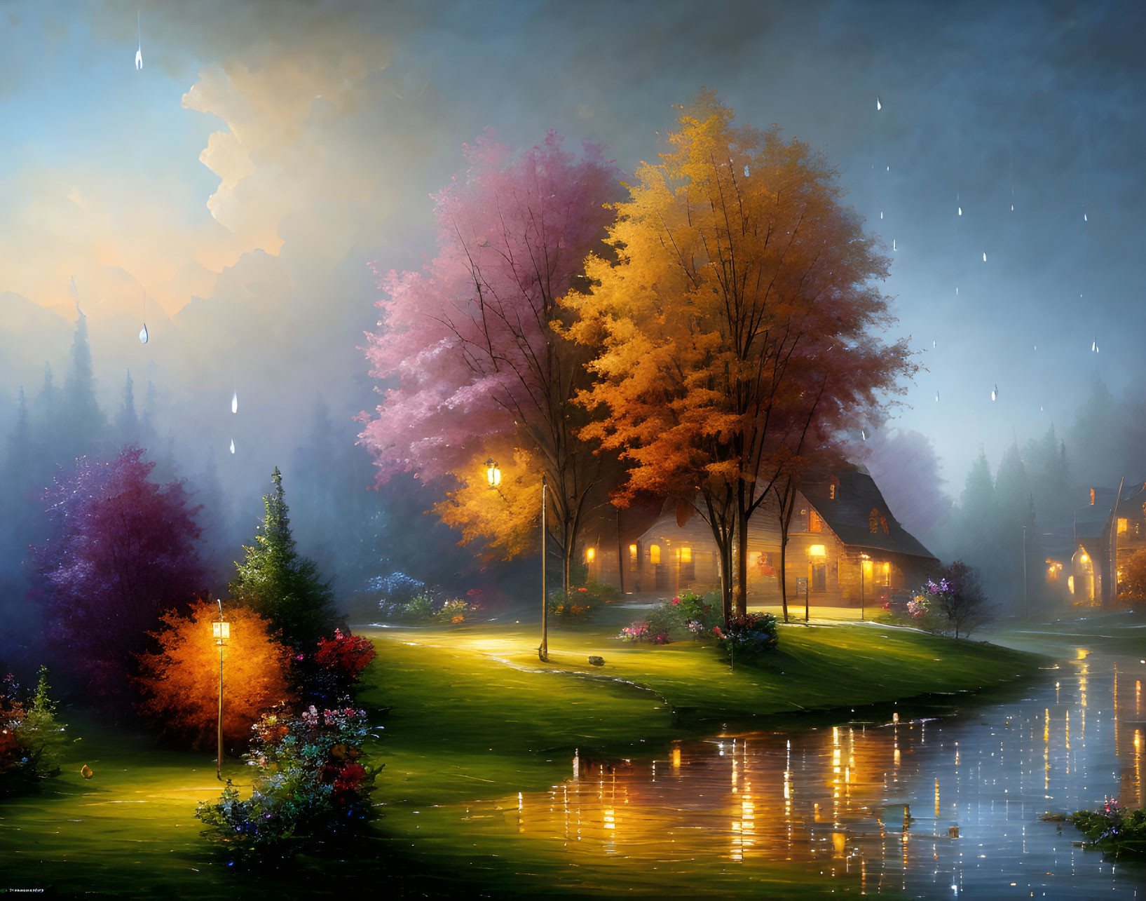 Tranquil twilight riverside scene with glowing lampposts and autumn trees