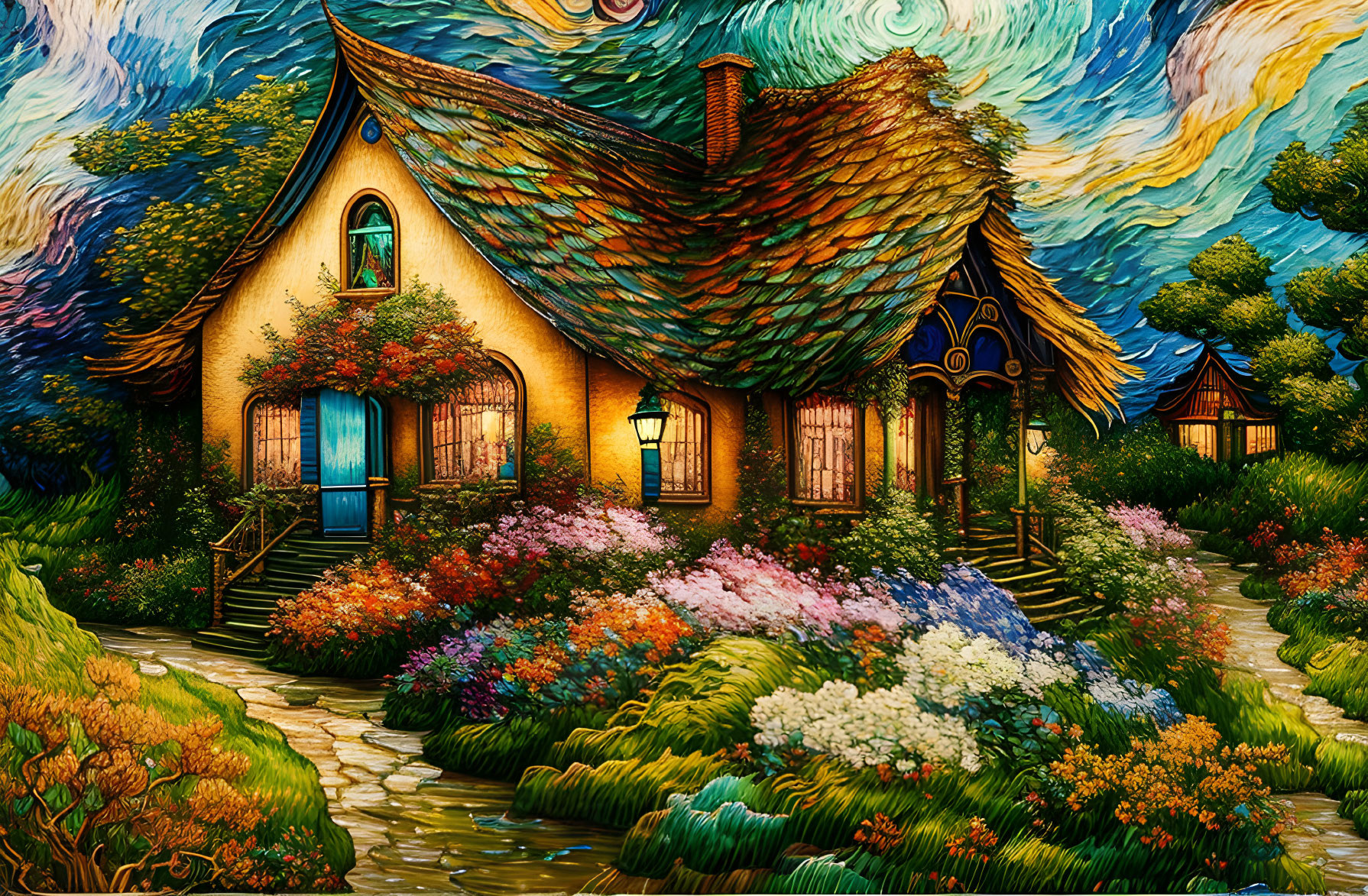 Illustration of quaint cottage with lush gardens and Van Gogh-style sky