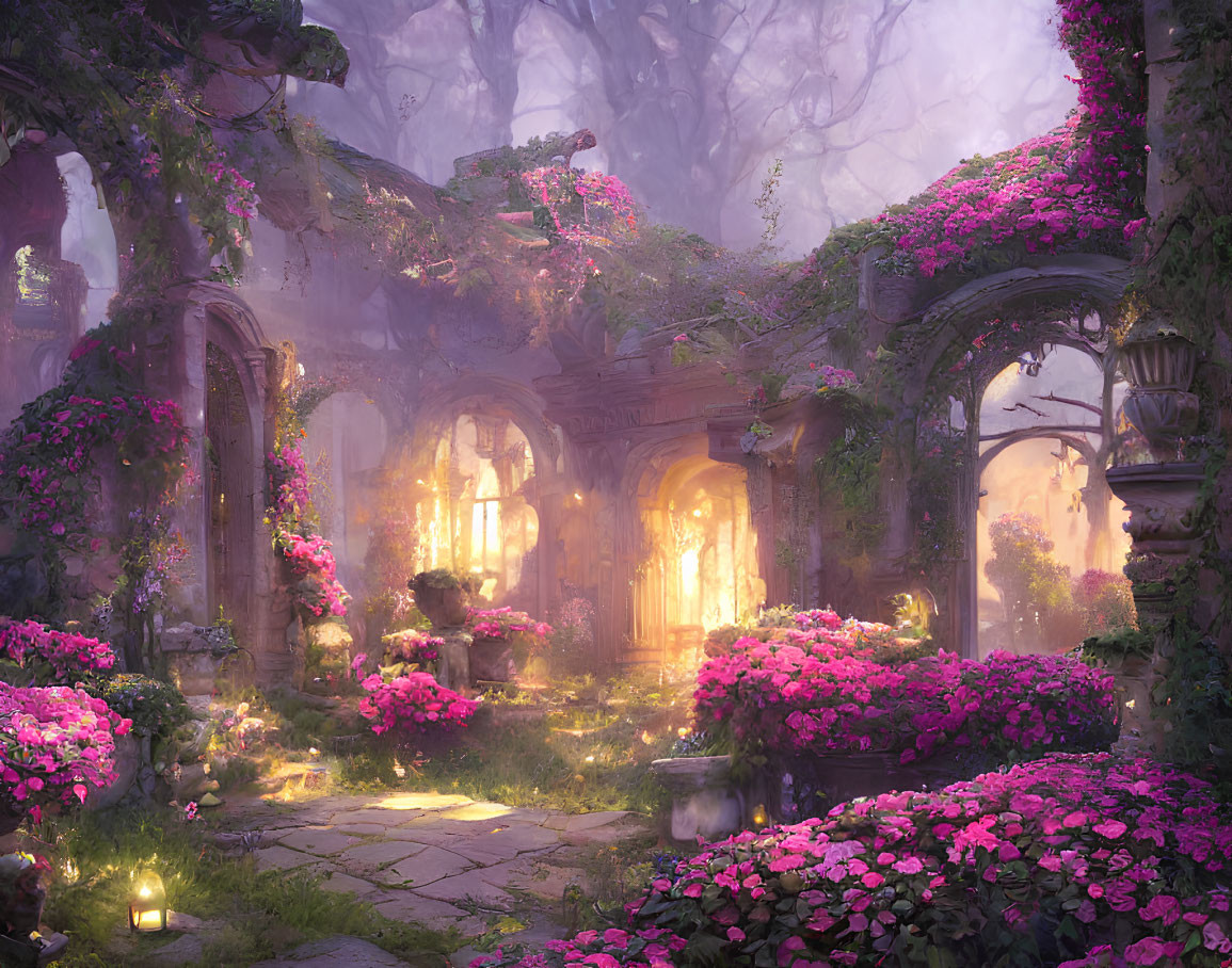 Sunlit garden with pink flowers and stone ruins creates magical atmosphere