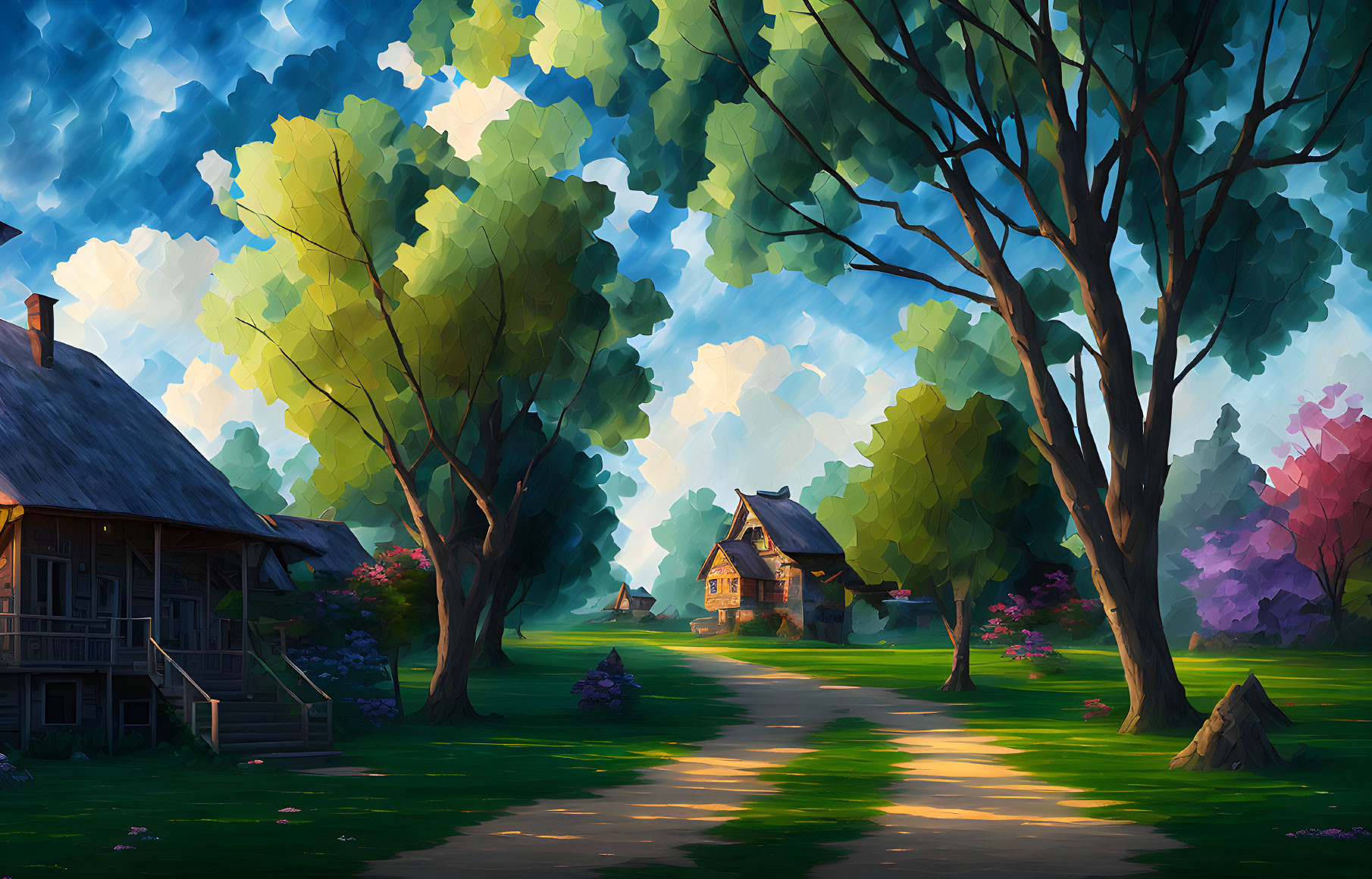 Tranquil landscape with houses, trees, path, and flowers