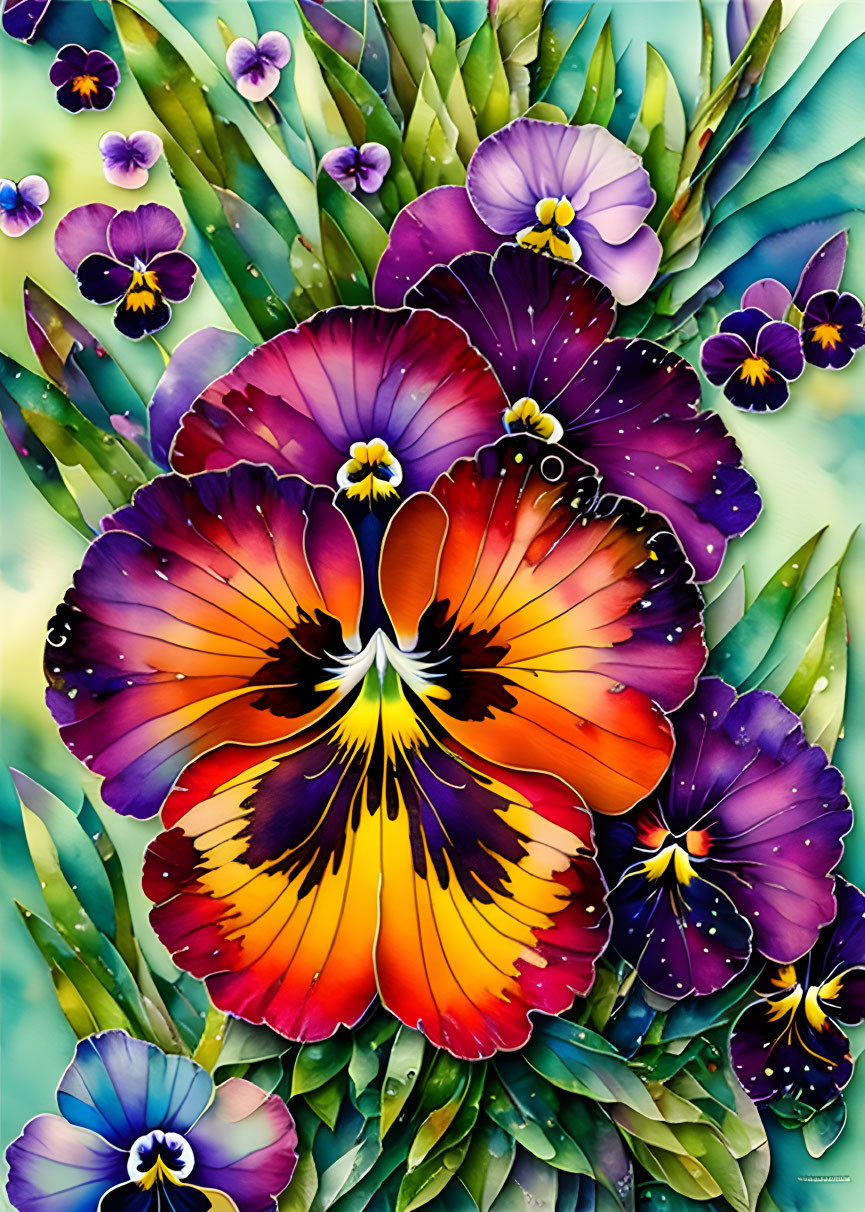 Vivid butterfly illustration with pansy flower pattern and foliage