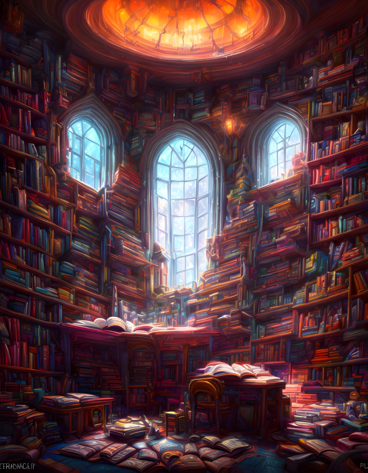 Circular library with towering bookshelves, gothic windows, chandelier, and scattered books