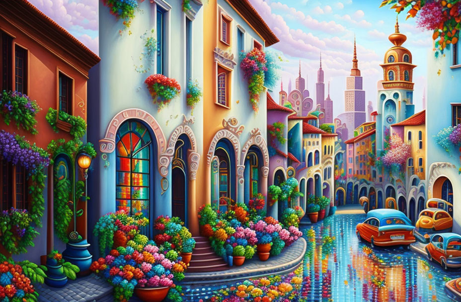 Colorful Street Scene with Cobblestone Paths, Whimsical Buildings, and Blooming Flowers