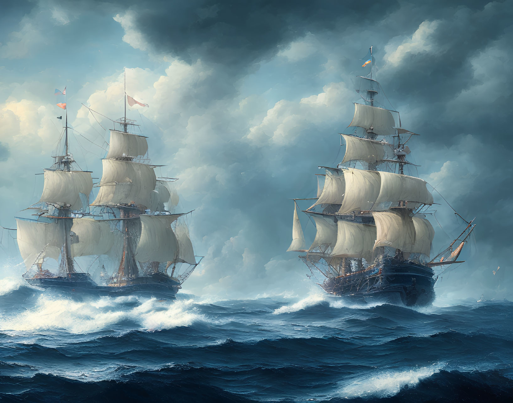 Majestic old sailing ships on tumultuous deep blue sea under stormy sky