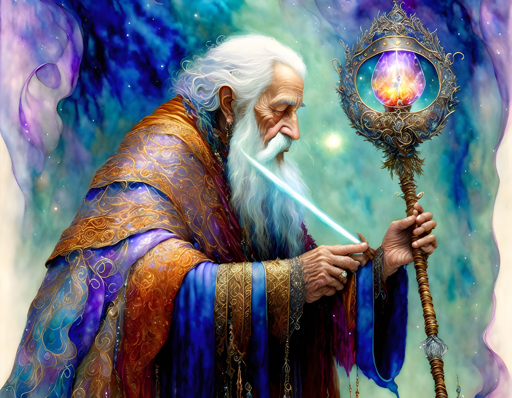 Illustration of wise wizard with white beard, ornate robe, holding glowing staff in mystical setting