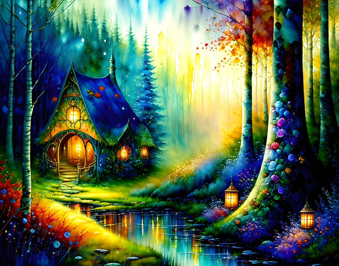 Enchanted cottage in vibrant fantasy forest by serene pond