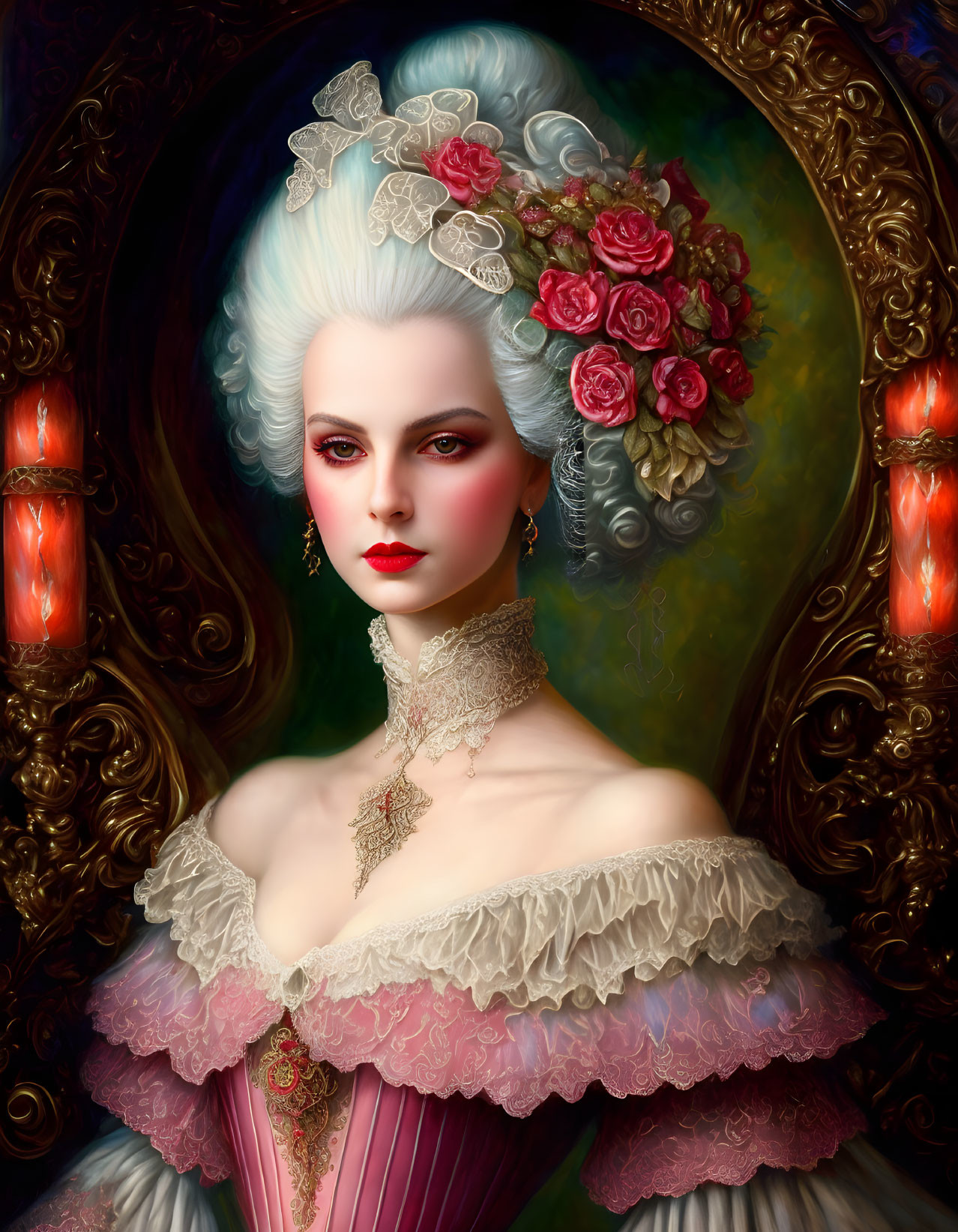 18th Century Fashion Portrait with Powdered Wig and Roses in Oval Mirror