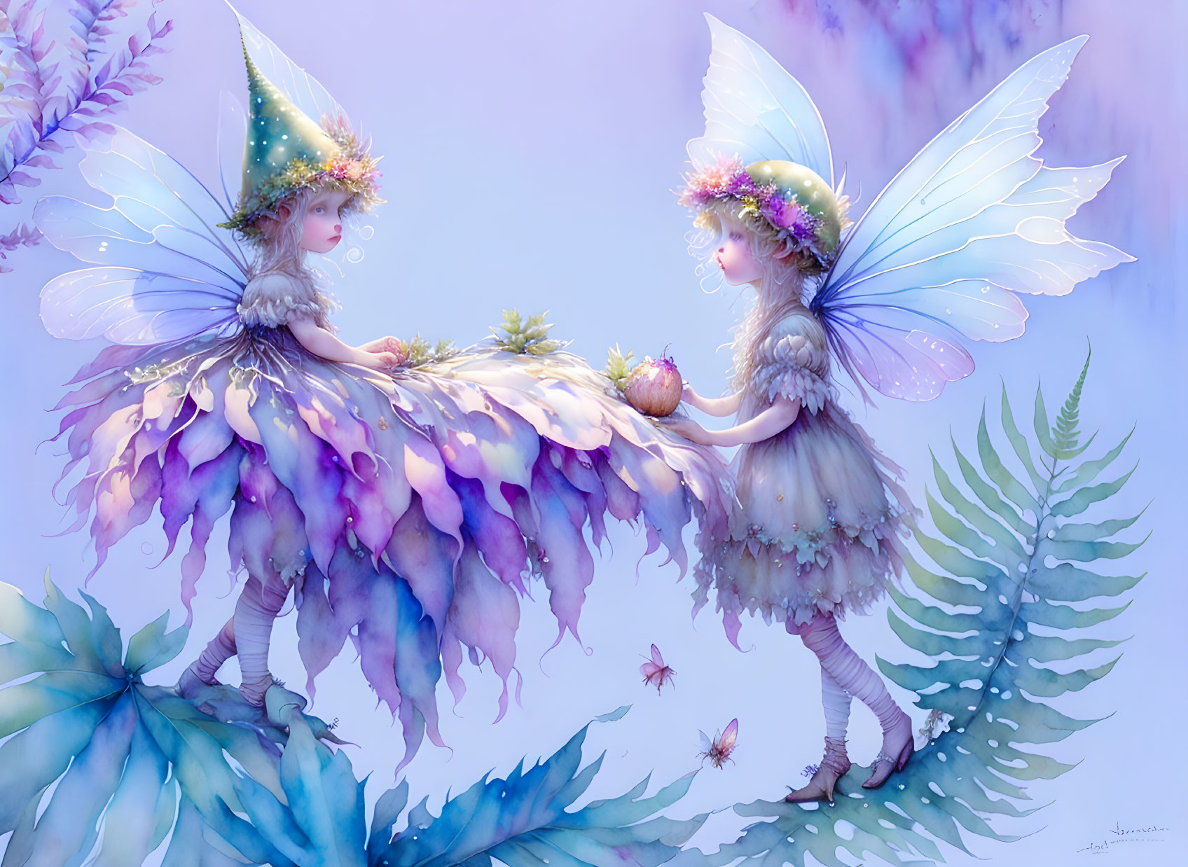 Ethereal fairies with delicate wings exchange magical fruit in dreamy floral setting