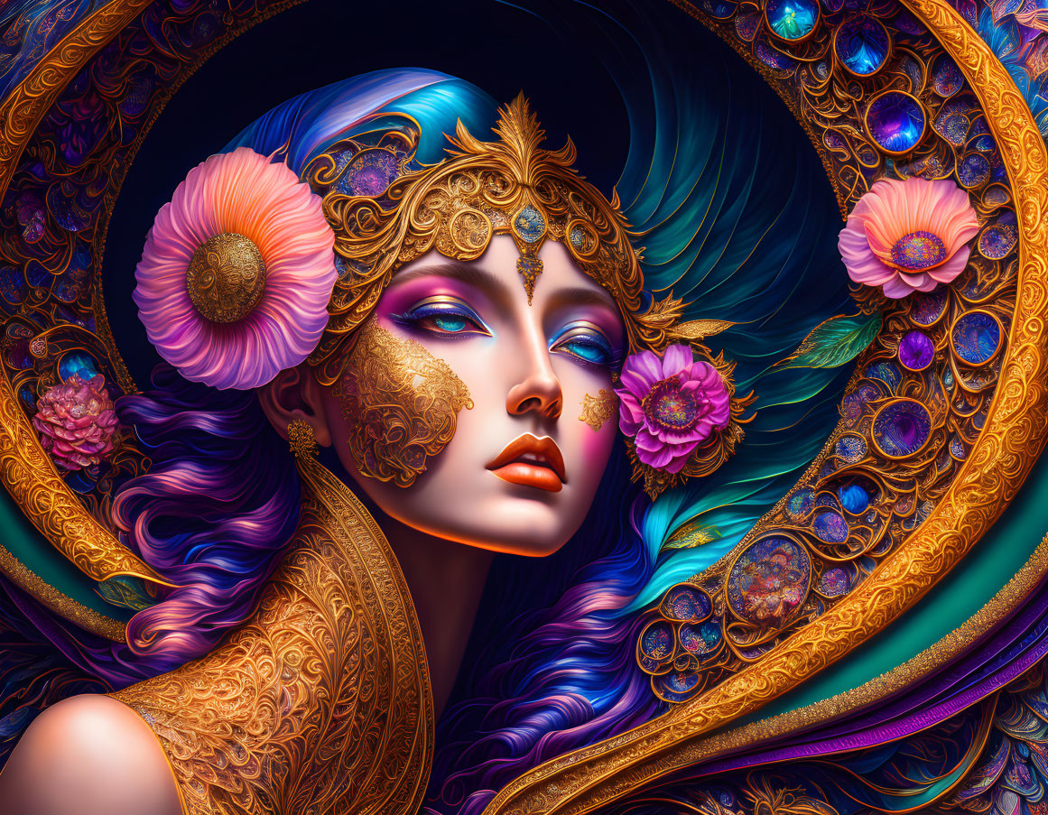 Detailed digital artwork: Woman with golden headpiece and vibrant hair, surrounded by floral motifs.