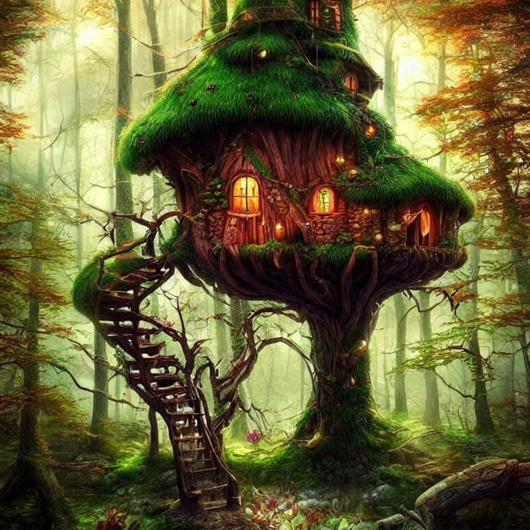 Enchanting treehouse with spiraling staircase in mystical forest