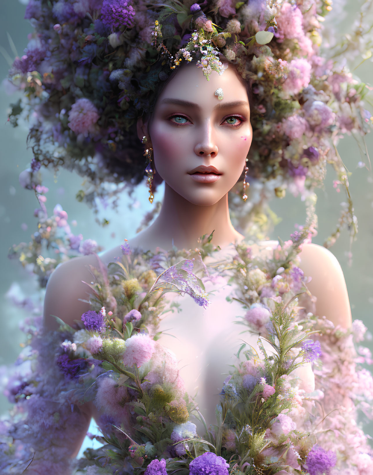 Digital art of woman with floral headdress and garment in purple and green palette