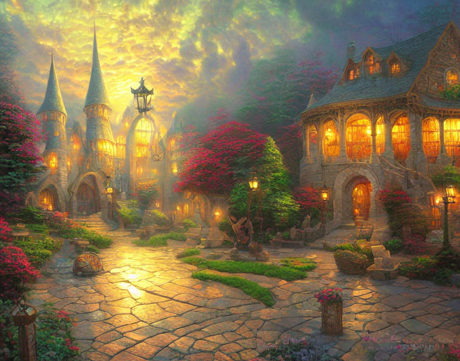 Enchanted cobblestone pathway to magical castle at sunset