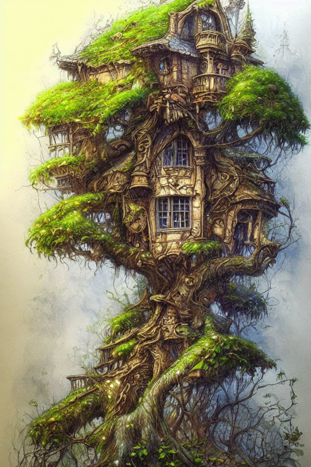 Illustration of enchanting multi-level treehouse in lush greenery