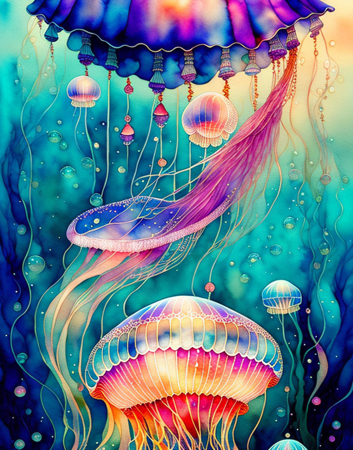 Vibrant jellyfish illustration in deep blue ocean