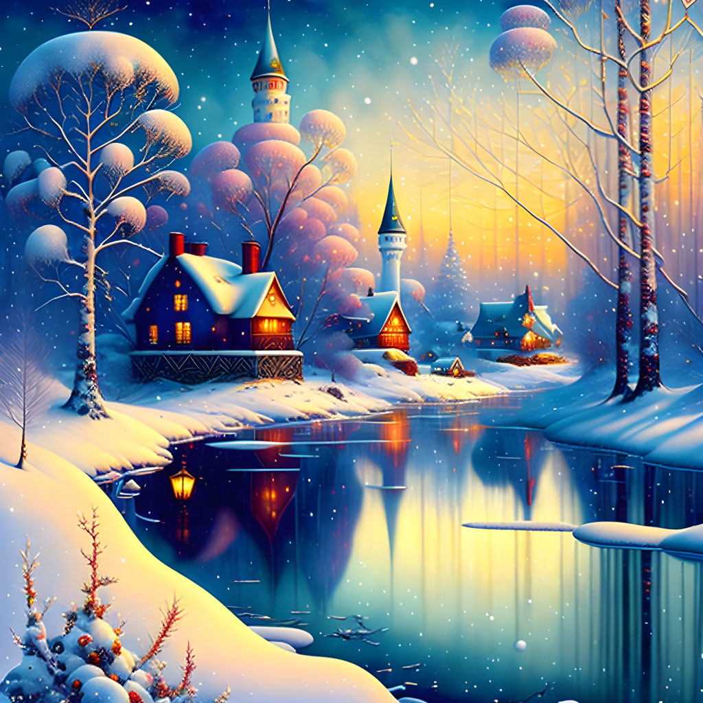 Snow-covered houses, castle, frozen river in winter scene