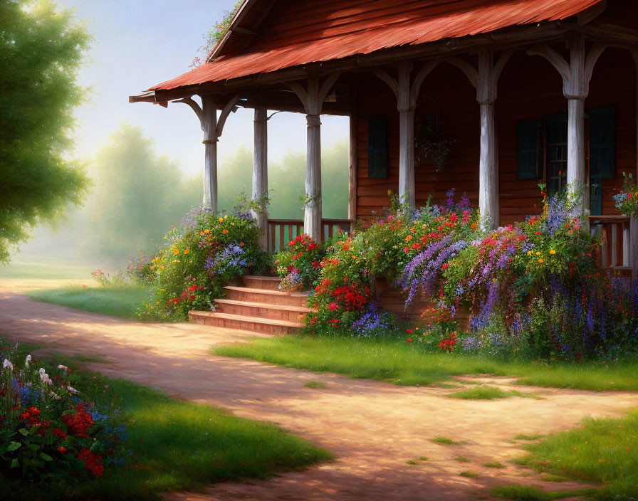 Tranquil Wooden Cottage with Flower-Filled Porch on Misty Morning