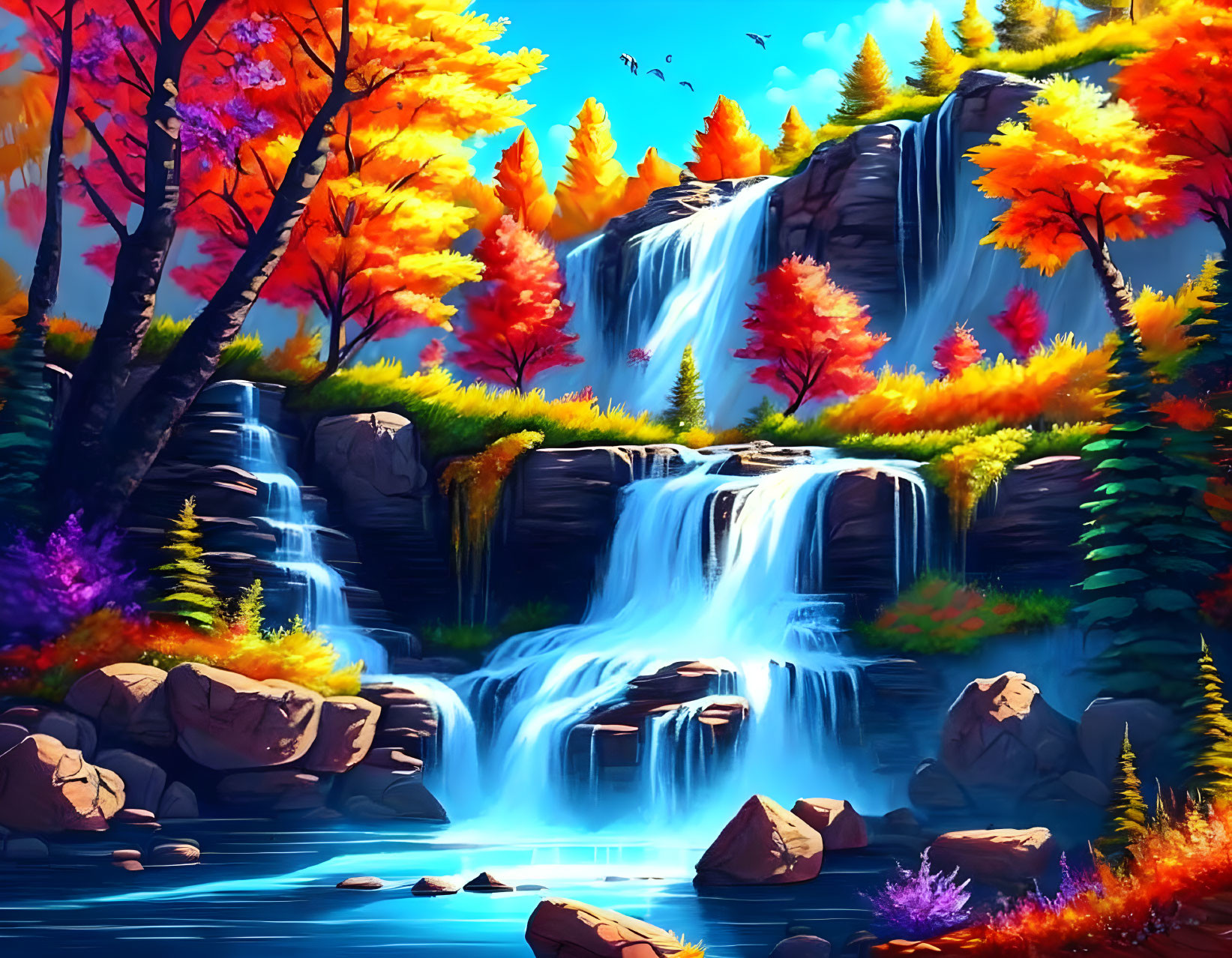 Colorful waterfall illustration with autumn foliage and pond.