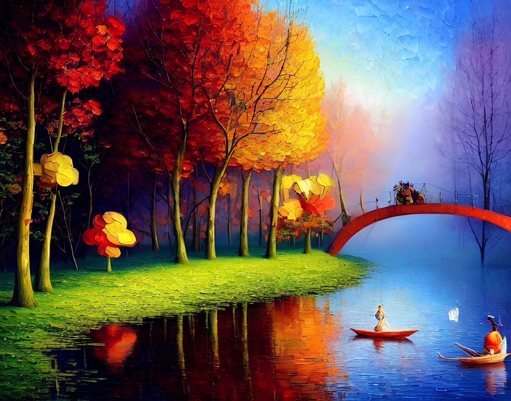 Colorful autumn park scene with red bridge, river, boats, and trees under blue sky