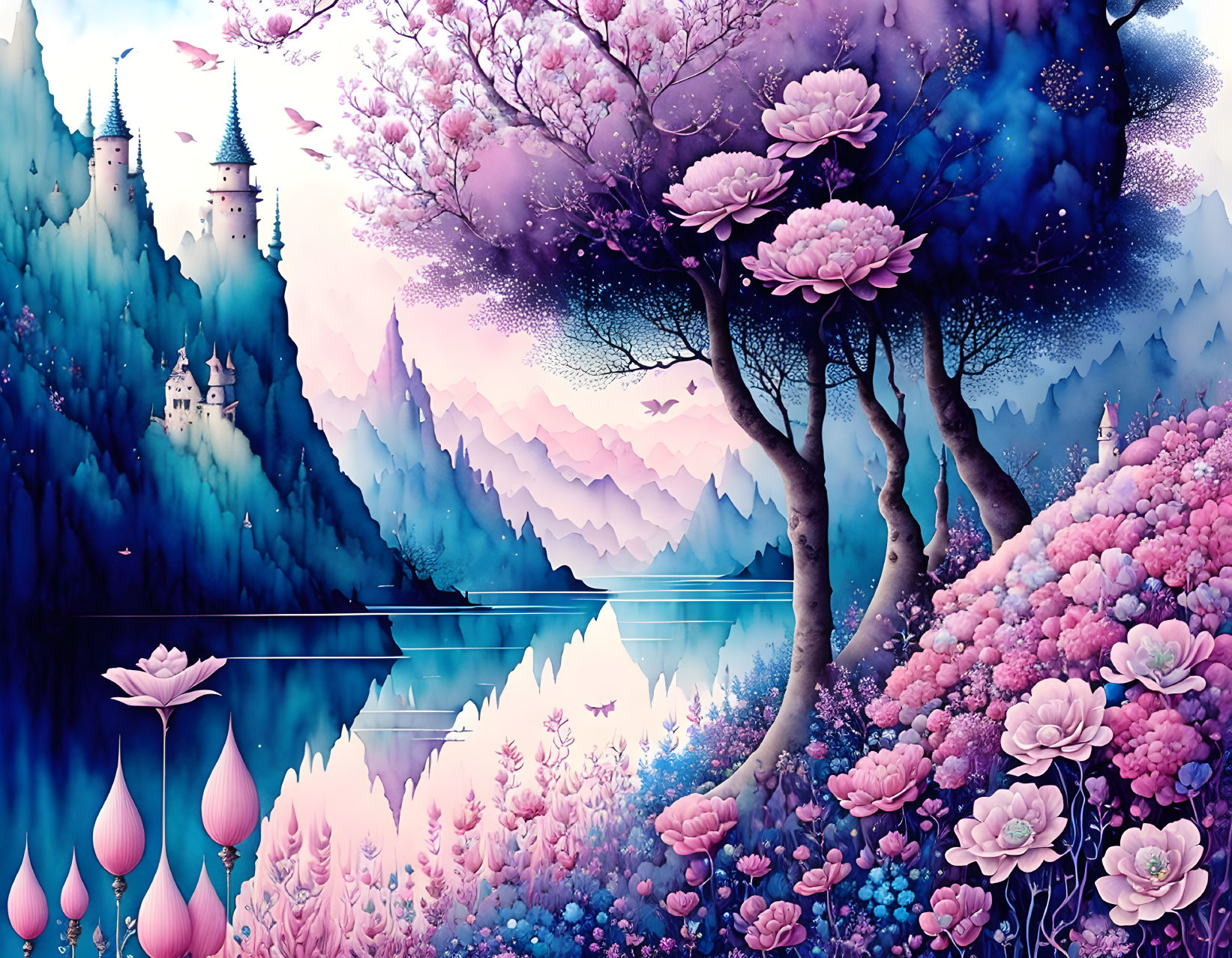 Vibrant fantasy landscape with pink trees, castles, mountains, lake, and starry sky