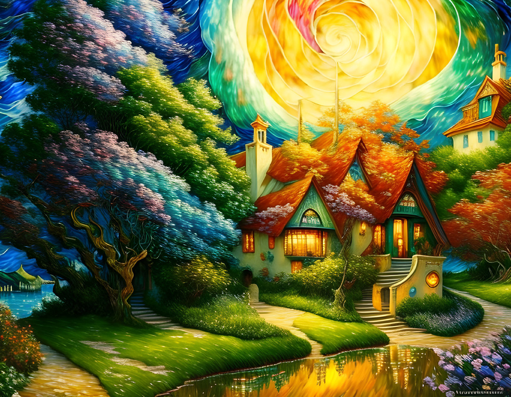 Colorful Fantastical Landscape with Cozy Cottage and Magical Sky