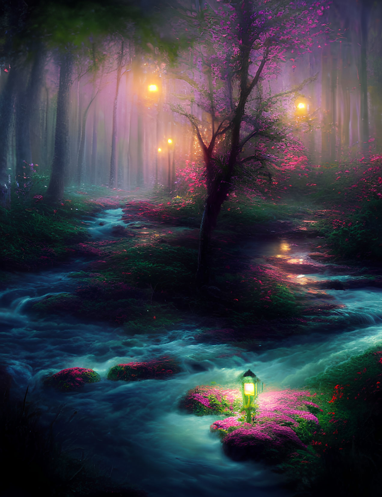 Enchanting Twilight Forest with Glowing Lanterns and Purple Trees