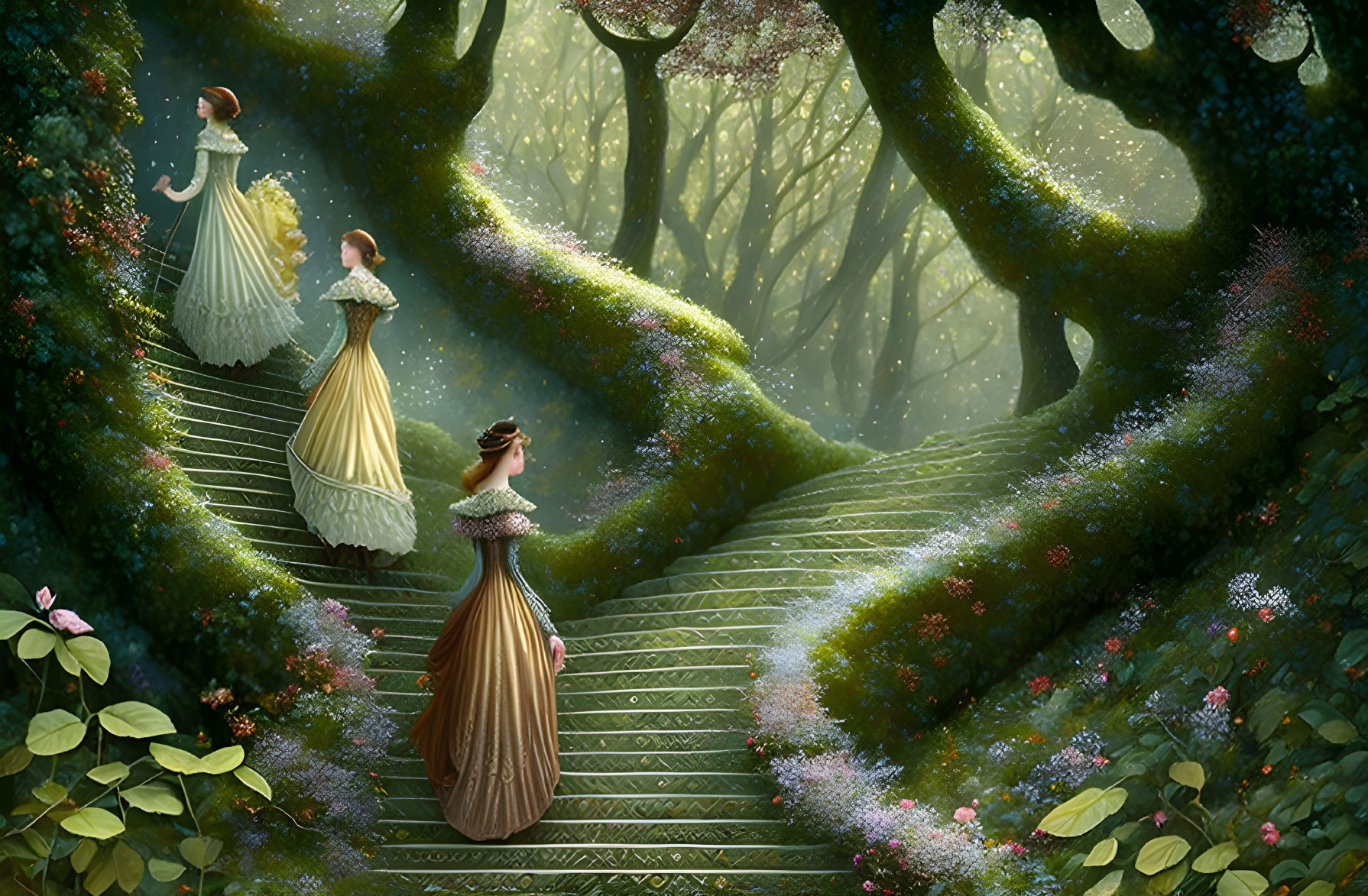 Vintage dresses: Three women climb enchanted forest staircase surrounded by lush greenery and delicate flowers.