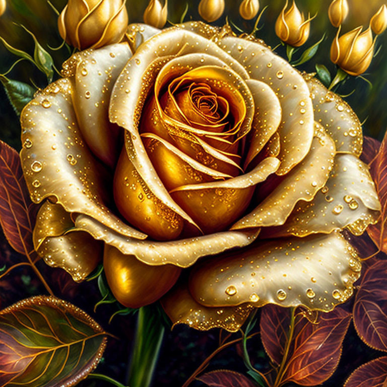 Detailed Golden Rose with Water Droplets and Green Leaves on Dark Background